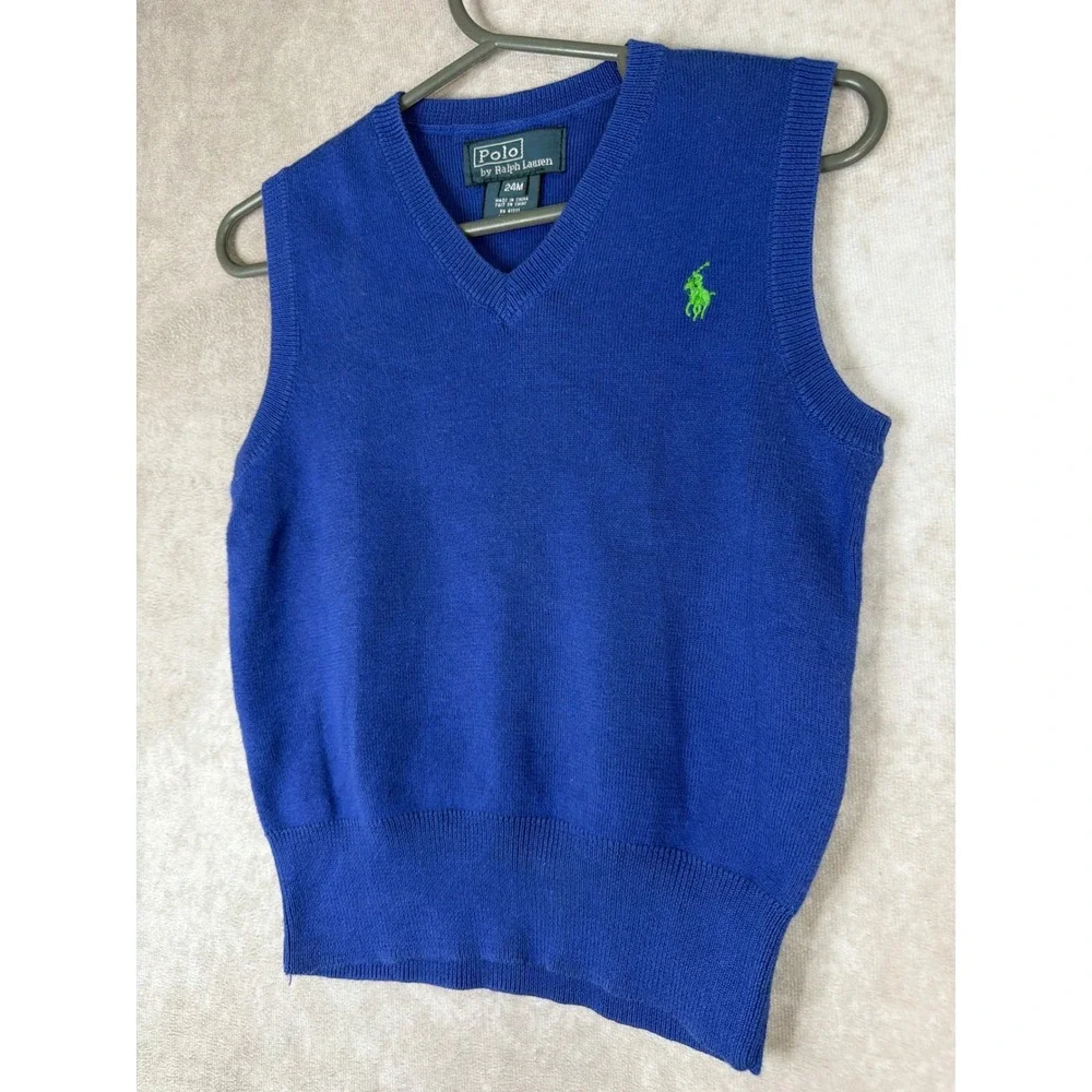 Vintage‎ Polo Ralph Lauren Sweater Vest Toddler 24M Blue V-Neck Cotton Knit Pony